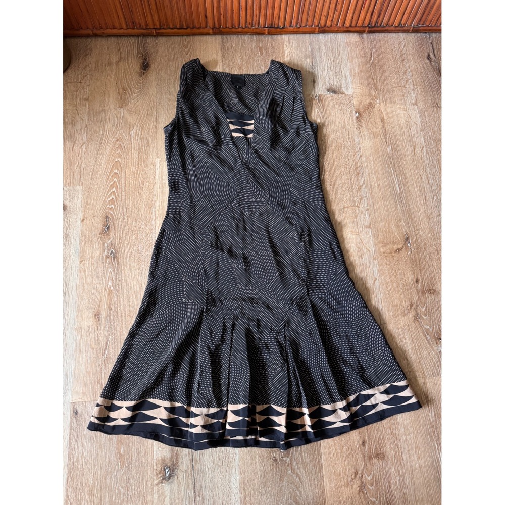 Anna Sui Black Tan Polka Dot Sleeveless V-Neck  Midi Dress Size‎ 4